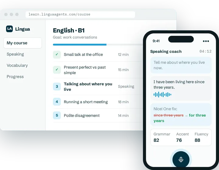 Language course overview and a voice coaching session on a phone
