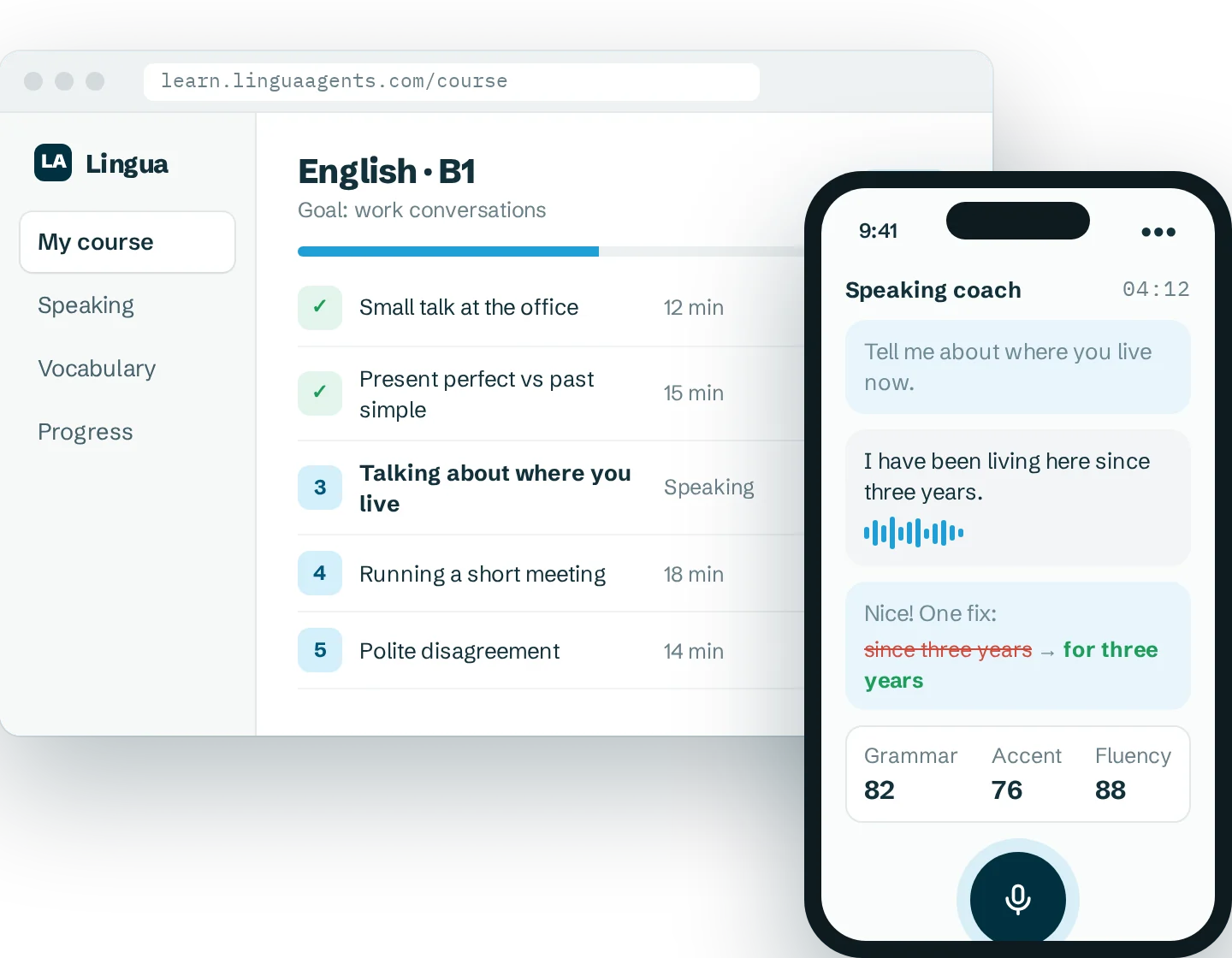 Language course overview and a voice coaching session on a phone