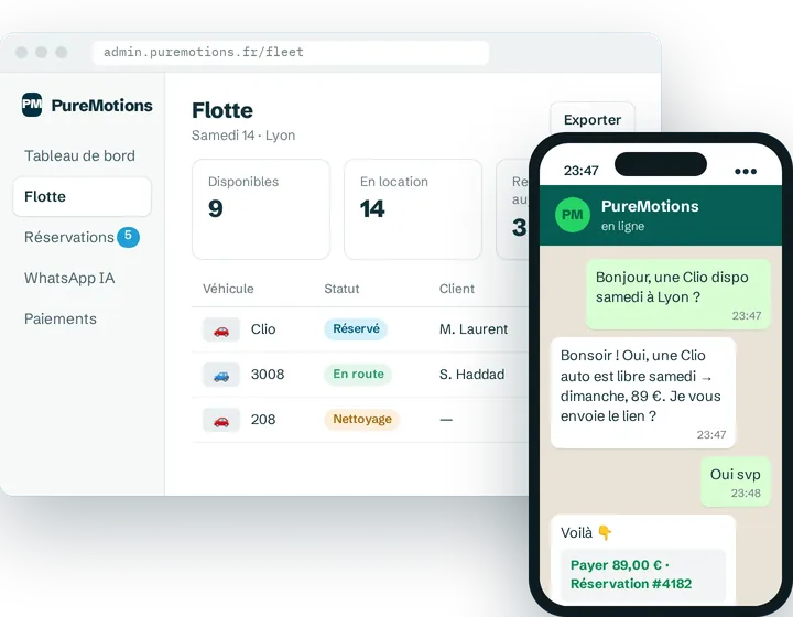 PureMotions fleet dashboard and a WhatsApp booking conversation in French