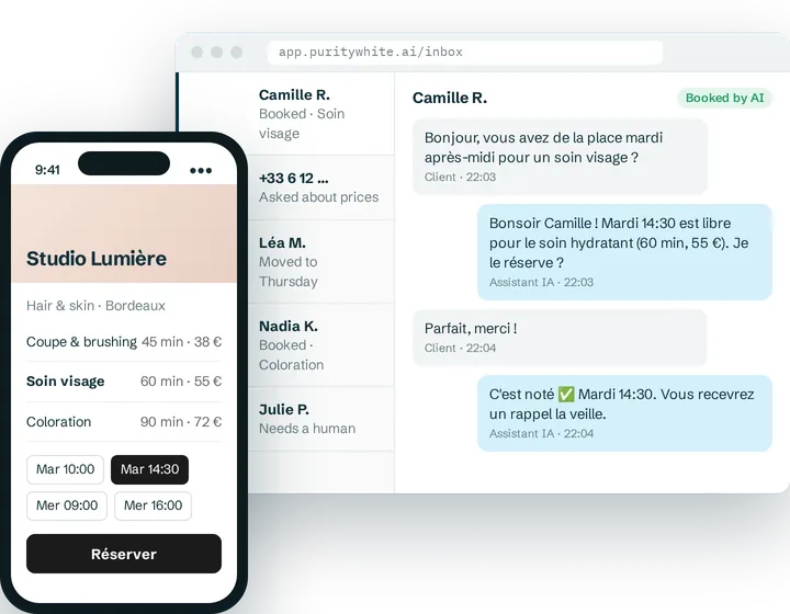 Salon AI inbox and a generated booking page on a phone