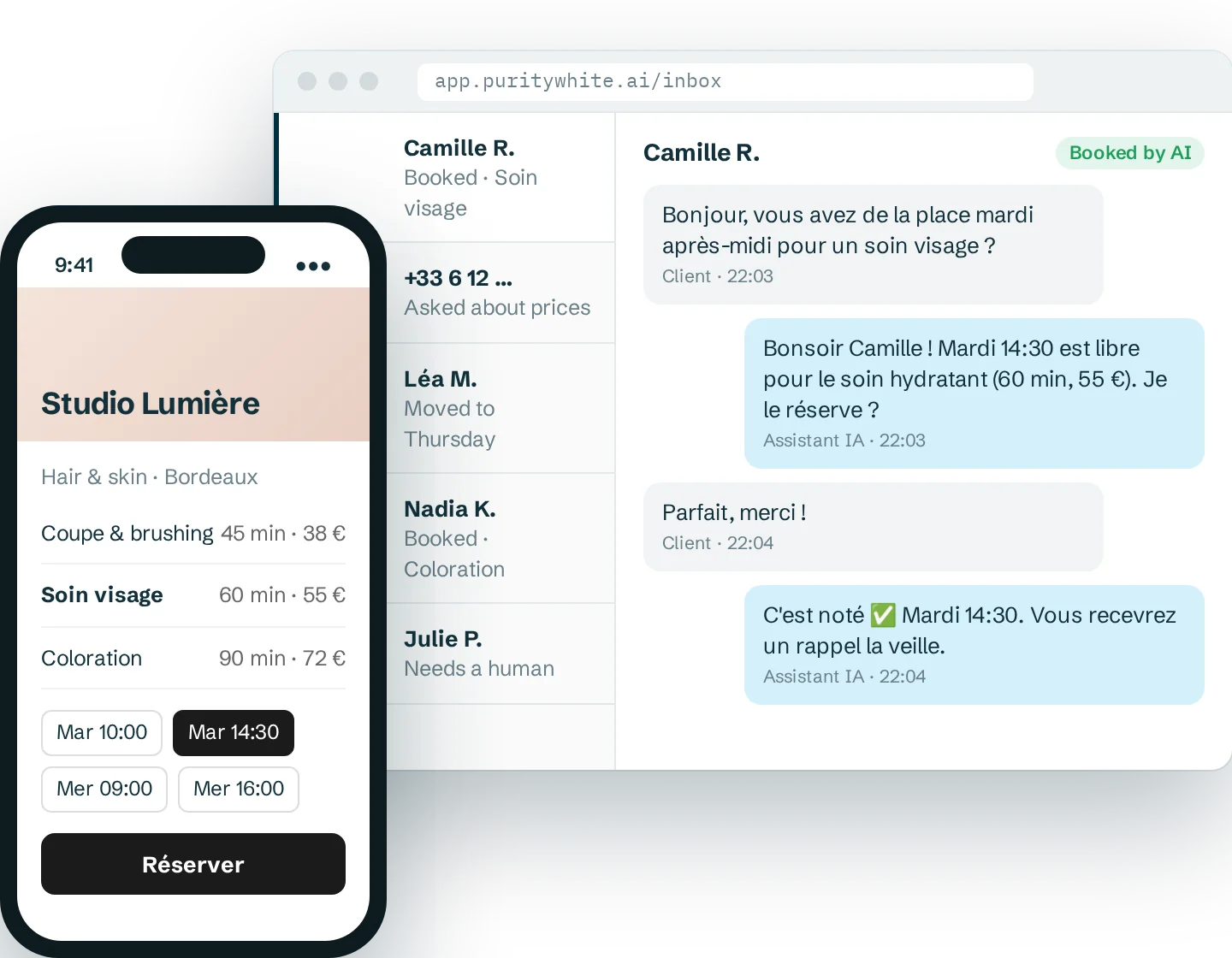 Salon AI inbox and a generated booking page on a phone