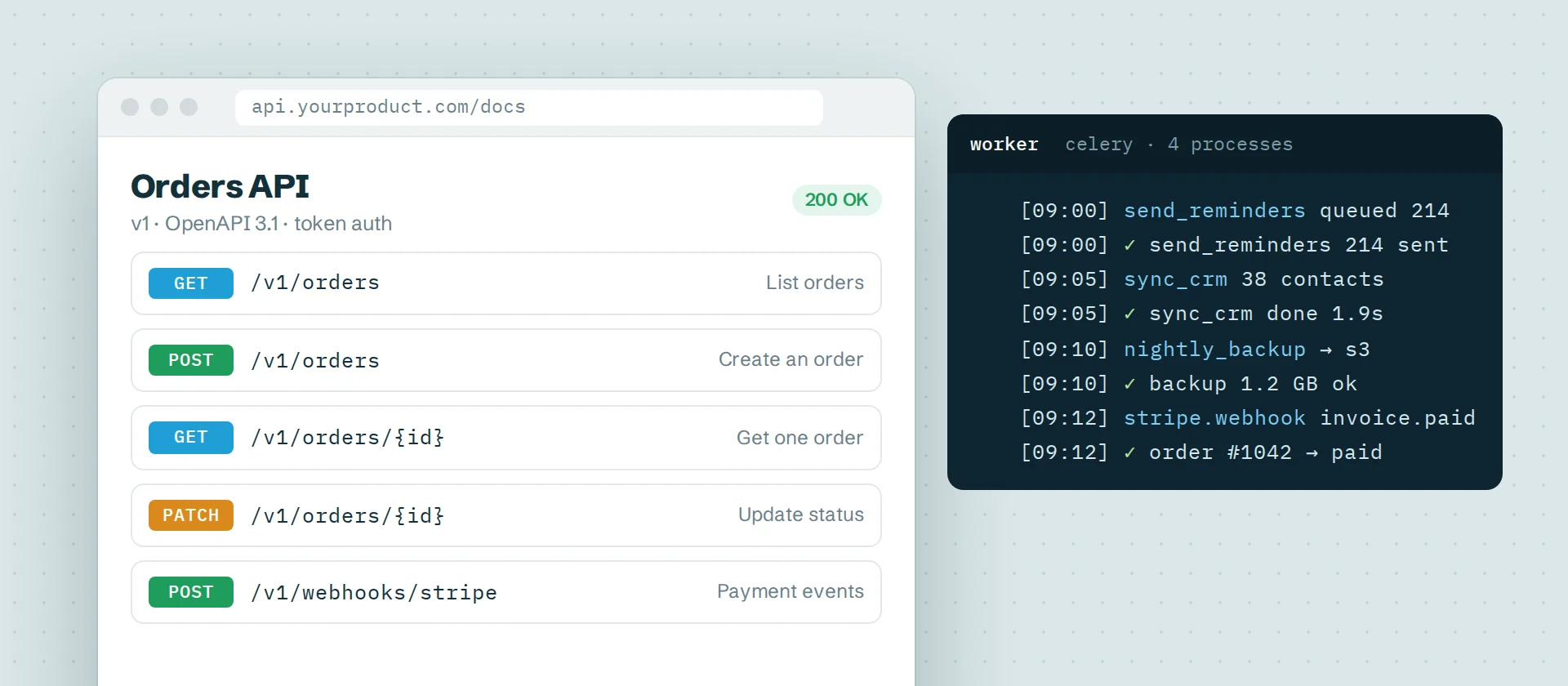 API documentation for an orders API next to a background worker log