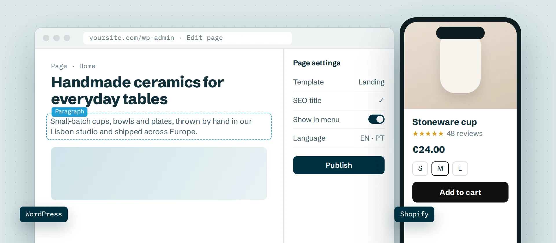 A WordPress page editor next to a Shopify product page on a phone