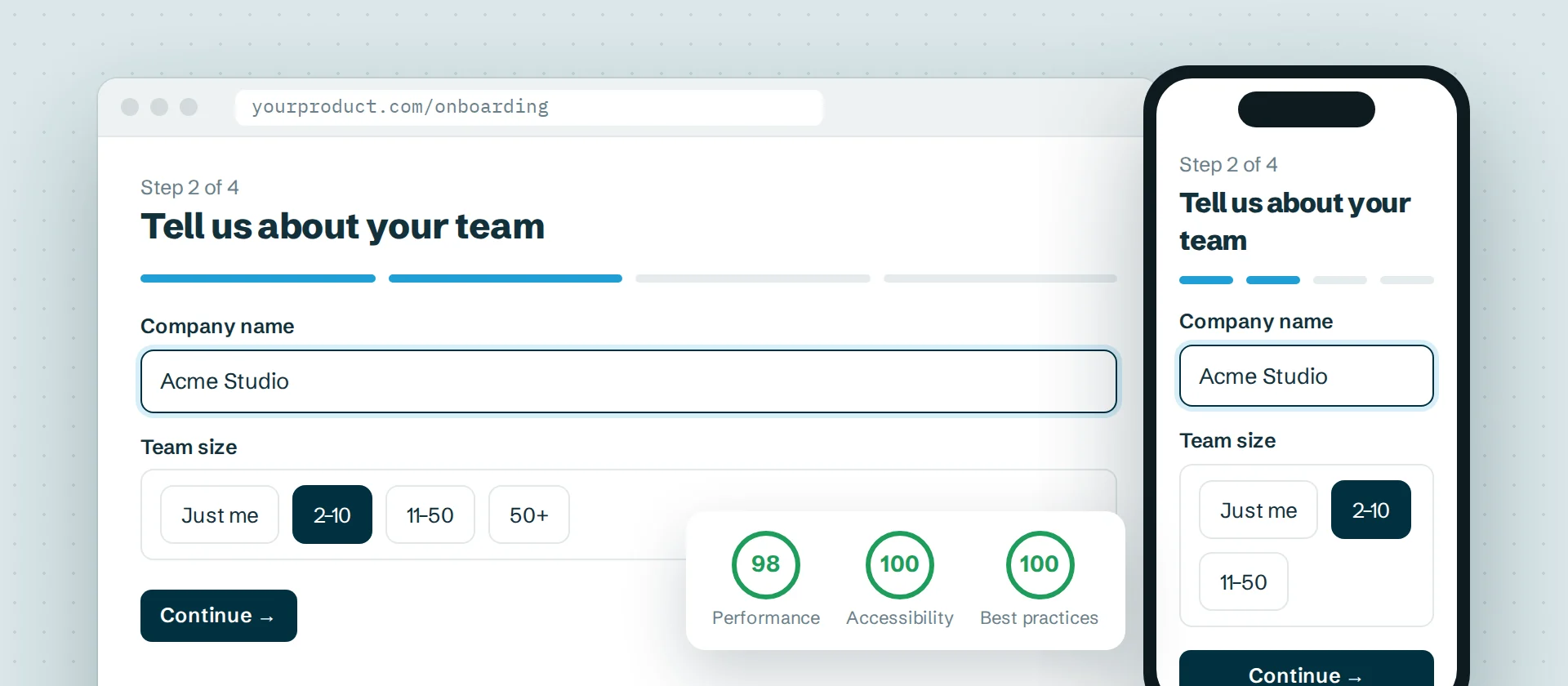 An onboarding form on desktop and mobile with Lighthouse scores