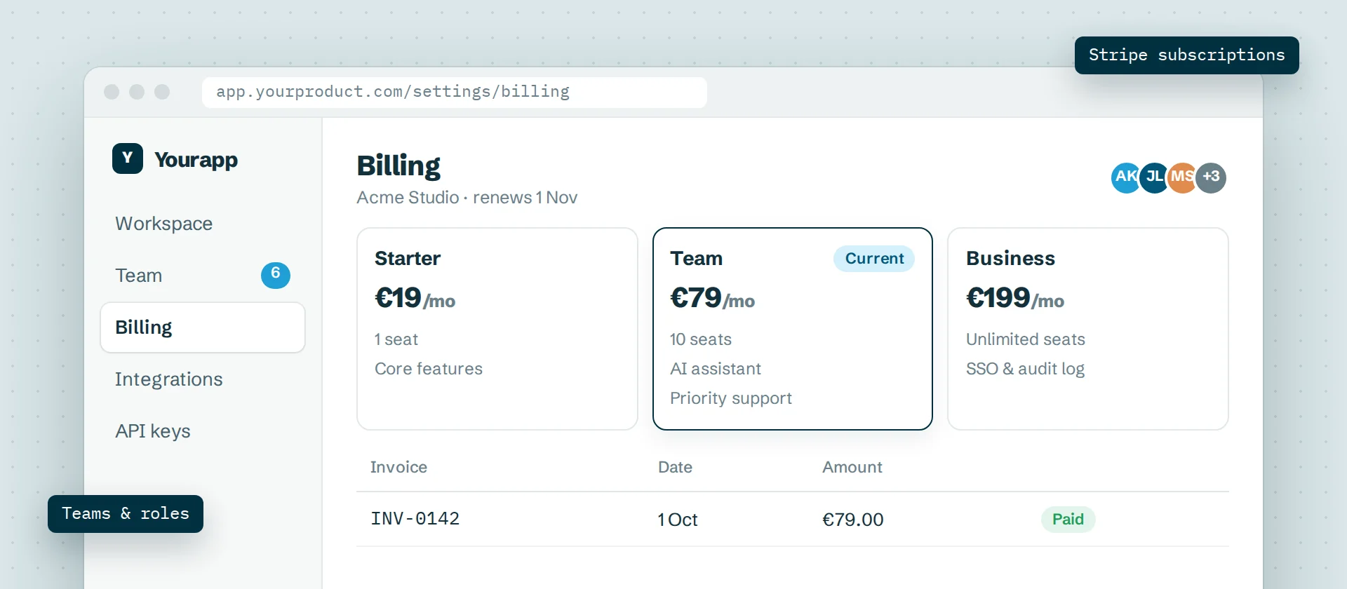 A SaaS billing page with subscription plans, invoices and team members