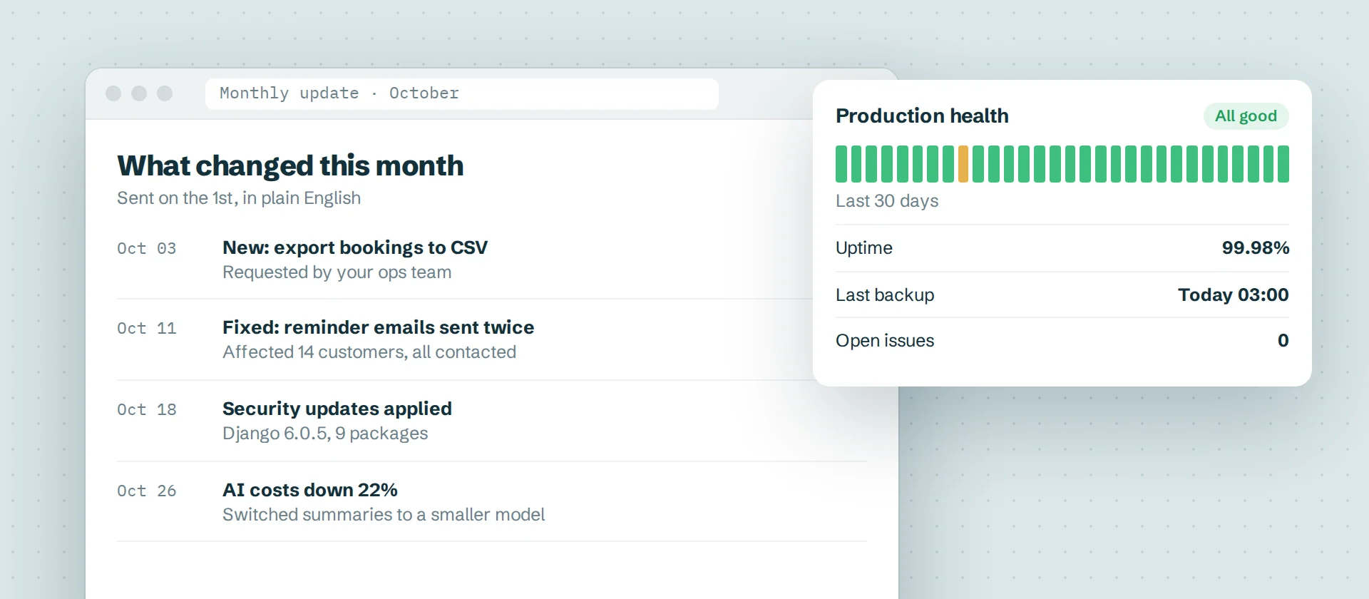 A monthly update listing changes, next to a production health panel