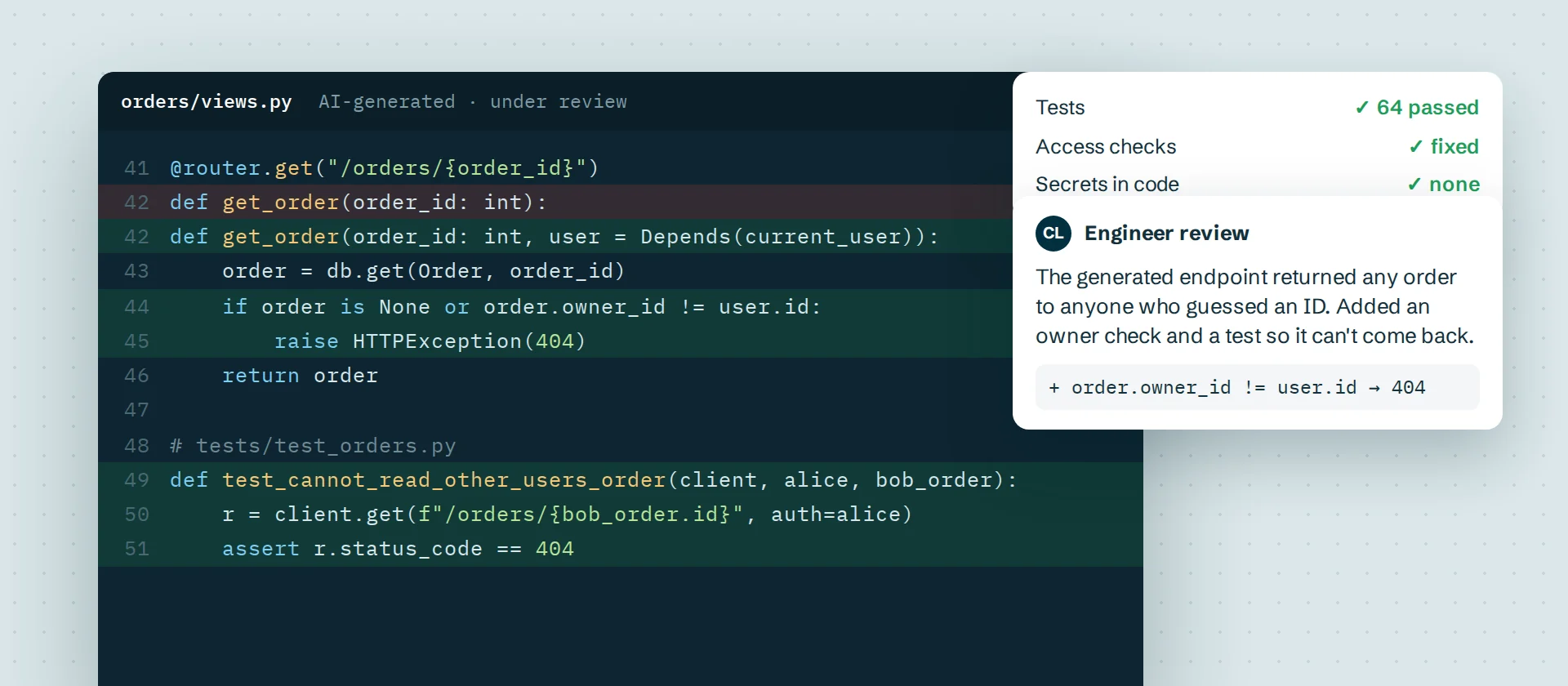 AI-generated code under review, with an engineer adding an access check and a test